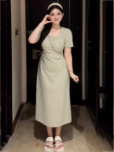 ชุดเดรสคอเหลี่ยมแขนสั้นสไตล์ฝรั่งเศสไซส์ใหญ่สำหรับผู้หญิงในฤดูร้อน ชุดกระโปรงทรงเอเอวสูง แขนสั้น ปกติ สีพื้น