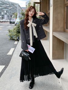 Gray Black 2025 Autumn New Style Womens Set Dress Luxurious Wind Coat Mini Skirt Two-Piece Set Casual Loose Fit Long Sleeve