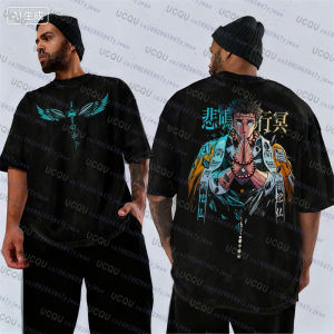 New Hot Anime Demon Slayer Graphic Himejima Gyomei T-shirt Men Washed Cotton Casual Loose Harajuku Male Vintage Cosplay Tees Top