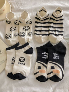 Black and White Stripes Socks Womens Socks Summer Thin Pure Cotton Ins Trendy Japanese Style Smiley Face Low Cut Low Cut Socks Womens Socks