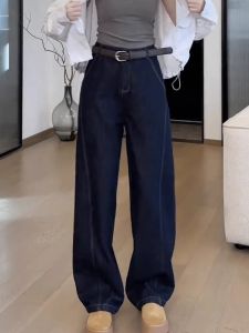 Quần Jeans Denim Ống Rộng Cạp Cao Thời Trang Mùa Thu Cho Nữ Quần Dài Thường Ngày Có Khóa Kéo Màu Xanh Cổ Điển