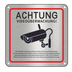 1PC Durable Aluminum Security Warning Sign - German "Achtung Video Überwachung" with Camera