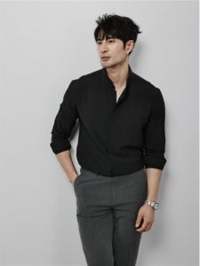 New Chinese Style Mens Business Casual Design White Shirt Long Sleeve Stand Collar Mens Fashionable Loose Fit Iron Free