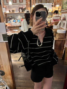 YUANYA | Áo Sweater Nữ Polo Cổ Sọc Đan Màu Rộng