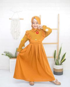 Gamis muslimah syari Layla anak perempuan usia 5-12th ( POLO LINEN MIX CRINKLE POMPOM)