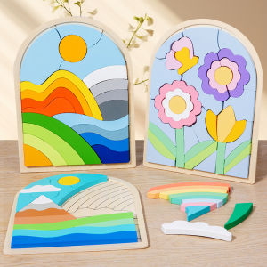 Wooden 3D creative puzzle three-dimensional shaped blocks rainbow/hill/flower scenes Montessori Early Learning 2-6 years old