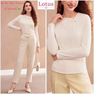 Lotus Áo Thun Gân Sóng Nổi màu Trắng Kem Cream thiết kế Cổ Đính Nút Ngọc đẹp Áo Kiểu Nữ Đi Chơi Đi Làm Công Sở Áo Tay Dài Form Ôm Tôn Dáng Áo Thun Dài Tay Dáng Ôm Cho Nữ Áo Thun Nữ Tay Dài Thanh Lịch