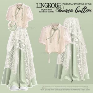 NUMEN BUTTON | Plus Size Summer Set Cheongsam Style Lace Blouse and High Waist Pants Dress Combo