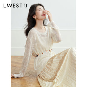 L﹒WEST Womens Long Sleeve Hollow out T-Shirt round Neck Unique Design Loose Base Layer Top Spring New Style Daily Wear