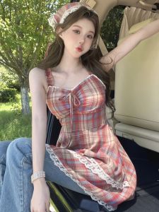 GUZILIAN | Red Plaid Halter Short Skirt Womens Summer Sweet Splicing Lace A-Line Dress With Headscarf Korean Style High Waist A-Line Skirt