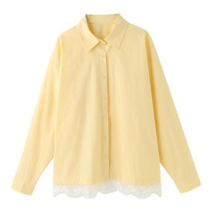 เสื้อเชิ้ตผู้หญิงหลวมๆ สไตล์เกาหลี แขนยาว คอโปโล สีเหลือง ผ้าลูกไม้ บาง ป้องกันแสงแดด ฤดูร้อน 2025 คอกลม