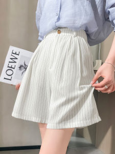 Quần Short Vải Lanh Sọc Ice Silk Mỏng Mùa Hè Cho Nữ Cạp Cao Dáng Chữ A Quần Dài Năm Điểm Quần Ống Rộng