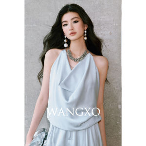WANGXO | Relaxed Acetate Satin Loose Dangle Neck Tied Top Wide Leg Pants Suit