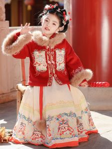 Girls Hanfu Winter Thickened Fleece New Year Greeting Set Childrens New Autumn Winter Wind Thickened Horse Tail Skirt Set