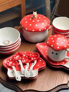 Zeteng Cute Ceramic Dining Utensils Cartoon Covered Handle Eating Soup Bowl Household Moving Celebration Red Bowl