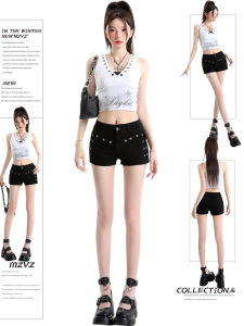 MZVZ | American Style Black Double Buckle Rivet High Waist A-Line Fitted Shorts