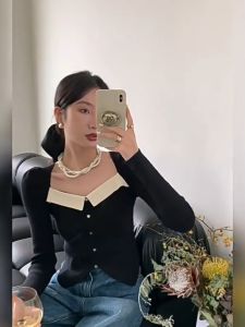 ⚡Port⚡ blouses women new style 2025 Split Slim Long Sleeved Top Color Matching Square Collar Top Short Bubble Sleeved Knitwear