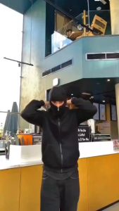 Hoodie Balaclava Zipper Jaket Boxy Hitam Kerah Tinggi Double Sweater Pria Wanita