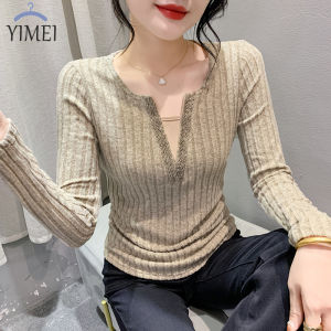 Yimei 2024 mùa xuân và mùa thu màu xám đính cườm Áo xếp li dài tay áo dệt kim áo thun đẹp