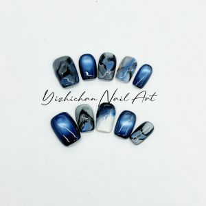 Dream Blue Cat Eye Nail Art Handmade Gradient Wearable Nails White Enhancing Small Audience Beauty Chinese Brand Normal Size