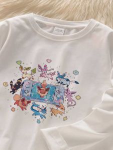 Loose Long Sleeve Pokemon Eevee Girls T-Shirt Versatile Base Shirt Cartoon Top for Children Breathable round Neck Design
