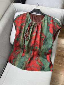 Red Cloud Silk Twill Double-Sided Shirt Short Sleeve 100% Silk Zheng Rengxing Chinese Retro Woven Top Commute Style