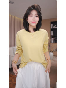 เสื้อยืดคอกลมแขนยาวลำลองสำหรับผู้หญิงในฤดูใบไม้ผลิ GZQJ Yellow Peach Can T-Shirt ทรงหลวม สไตล์ลำลอง ทรงเข้ารูป