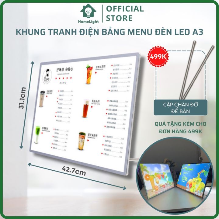 Bảng Hộp Đèn Led Menu Điện Kích Thước A3, Khung tranh điện Để Bàn, Treo ...