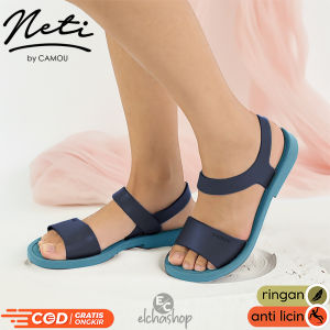 Sepatu Sendal Wanita Kekinian CAMOU NETI LILAC Sandal Karet Empuk Model Teplek Flat Tali Cewek Untuk Pesta Kondangan