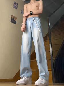 กางเกงยีนส์ทรงตรงผ้าไหมน้ำแข็งสีฟ้าอ่อนสำหรับผู้ชาย ทรงหลวม ทรงหลวม ระบายอากาศได้ดี ทรงหลวม กางเกงยีนส์ลำลองฤดูร้อน