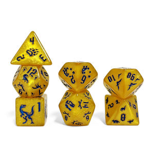 Bộ Xúc Xắc Khủng Long Vàng Kỷ Jura 7 Viên Khắc Vàng Mực Xanh Chơi Nhập Vai DND Trò Chơi TTRPG Thời Tiền Sử