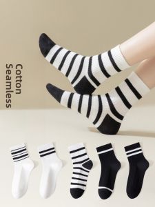 JINGCHI | Womens Mid-Calf Striped Socks Pure Cotton Absorb Sweat Anti-Odor Black White Cotton Socks Autumn Winter Cute Japanese Style Long Socks