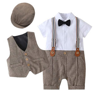 lontakids 4Pcs Newborn Baby Boys Gentleman Outfits (Romper+Vest+Hat+Bowtie) Formal Jumpsuit Suit Toddler Kids Baptism Clothes Wedding Party Tuxedo Set Short Sleeve Bodysuit Playsuits 0-3 Years