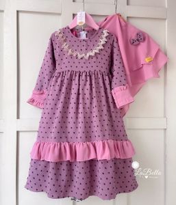 BAJU MUSLIM ANTI KUSUT WARNA BLUE DENIM SHANUM MOTIF RUBIAH POLKADOT anak terbaru lucu cantik shanum labella 3 4 5 6 7 8 9 10 11 12 tahun TK SD casual simpel polos set jilbab syari panjang navy dusty purple ungu brown coklat muda Salem