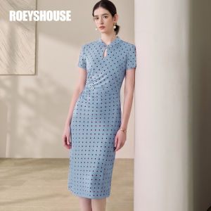 Roey s house | New Chinese Style Blue Polka Dots Summer Elegant Stand Collar Modified Cheongsam Waist-cinching Dress