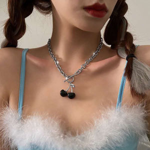 【♡Lovely girls house♡】Red Black Cherry Pendant Necklace Bracelet Earrings Female Summer Simple Exquisite Light Luxury Clavicle Chain