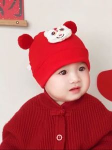 Pure Cotton Baby Hat for Newborns And One-Month-olds Red Color Perfect for Winter Autumn New Year Celebration And Month-old Ceremony