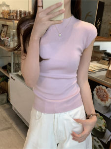 French Light Purple Slim Fit Half High Neck Shoulder T-Shirt Womens Summer New Style Skin-friendly Knitted Short Sleeve Top