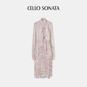 Cello Sonata | Celebrities Favorite Spring Loose Silk Check Patterned Sash Hem Dress