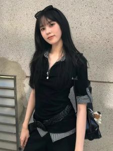 Contrast Color Check Patchwork Polo Collar Short Sleeve T-shirt Female Summer 2024 New Arrival Silm Sweet and Spicy Fake Two-Piece Tops Tide