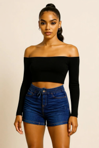 Elegant High-Waisted Denim Shorts with Elasticated Waist and Button Closure