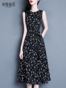 Spring Summer New Style Floral Print Chiffon Midi Dress Sleeveless Vest Black Little Black Dress Elegant Slimming mid Waist
