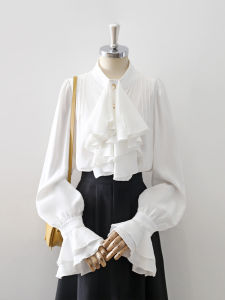 Áo Sơ Mi Satin Trắng Cổ Đứng Thanh Lịch Cho Nữ Mùa Xuân Thu Tay Loe Thiết Kế Nhỏ Phong Cách Cung Đình Cổ Điển Chất Liệu Polyester