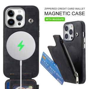 Zipper Wallet iPhone 12 13 14 15 Pro Max Magnetic Leather Case Cover Card Holder Wireless Charging iPhone 15 Plus Casing Full Body Shockproof Soft TPU Case with Microfiber Lining