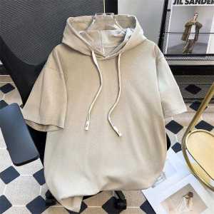 Pure Cotton Short Sleeve Hoodie Mens Summer Trendy Loose Solid Color Design Sports Body T-Shirt Five Sleeve Tops