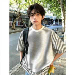 Black and White Stripe Short Sleeve T-shirt Mens Summer Loose Small Collar 5/8 Sleeves