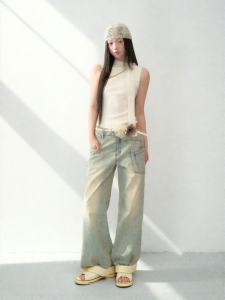 La lune Du ciel | Quần Jeans Tay Rộng Thẳng Màu Sáng Cotton Đã Giặt