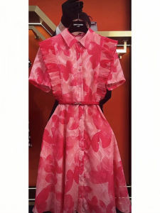 Thanh Lịch Đỏ Họa Tiết In Đầm Sơ Mi Nữ Hàng Mới Về Mùa Hè Thời Trang/ Phong Cách Pháp Touch Chân Váy Chữ A Tay Ngắn Cổ Polo