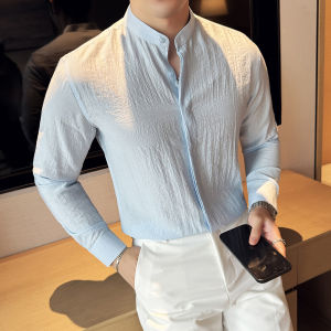 Business Casual Linen Shirt Mens Long Sleeve Thin Model Stand Collar Comfortable Breathable Wrinkle Design Youth All Seasons