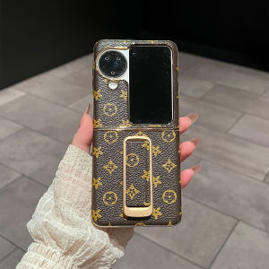 Luxury Gold Trimmed Leather Texture Flip Phone Case with Rotating Wristband Stand for OPPO N3Flip